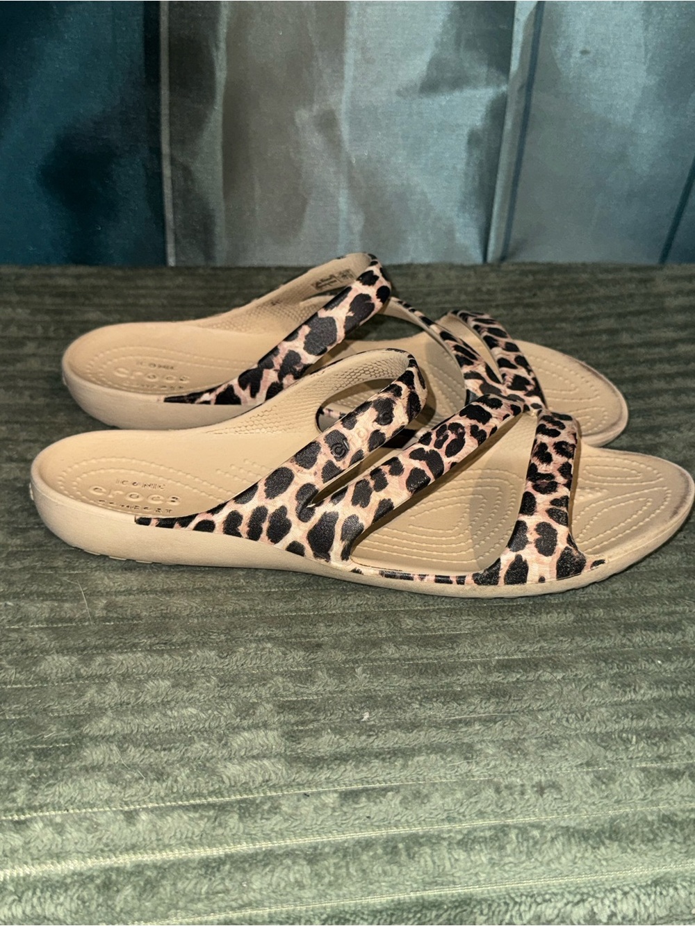 CROCS Women’s Leopard Print Slide Sandals - Beige and Black